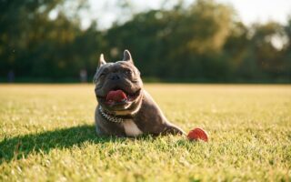 French bulldog is outdoors on the summer field