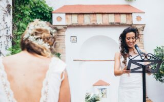 Master of ceremony: Bride speech on microphone in a wedding celebration