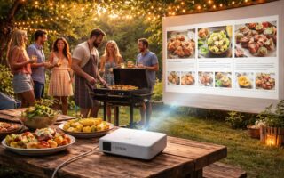 profitez de votre barbecue du samedi avec le mini vidéoprojecteur epson qui projette vos recettes préférées en extérieur pour une cuisine conviviale et innovante.