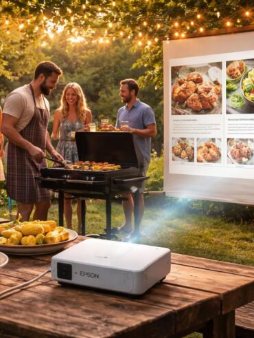 profitez de votre barbecue du samedi avec le mini vidéoprojecteur epson qui projette vos recettes préférées en extérieur pour une cuisine conviviale et innovante.