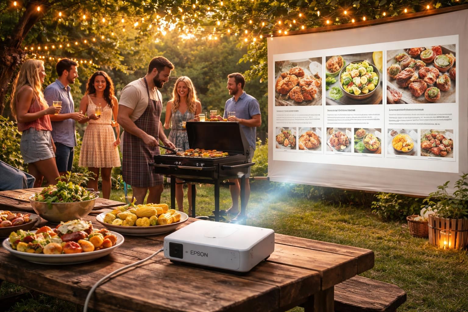 profitez de votre barbecue du samedi avec le mini vidéoprojecteur epson qui projette vos recettes préférées en extérieur pour une cuisine conviviale et innovante.