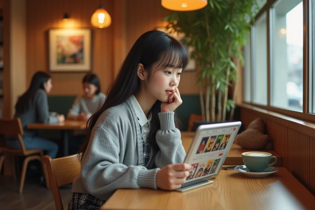 Adolescente parcourant un site de manga sur tablette dans un café chaleureux pour la première fois