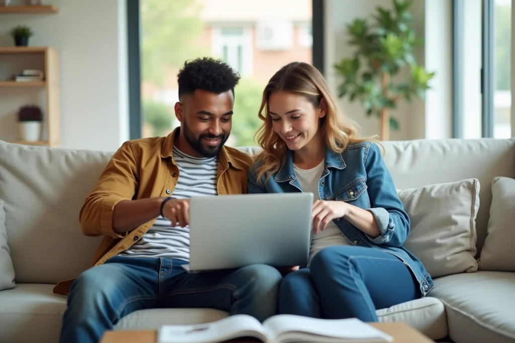 Deux amis consultant ensemble des alternatives respectueuses à Omegle sur un ordinateur portable dans un salon moderne