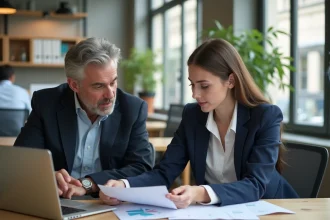 Jeune étudiante en BTS alternance travaillant avec un tuteur professionnel dans un bureau moderne en ville