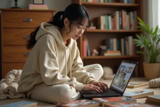 Jeune femme découvrant un site de lecture de manga sur son ordinateur portable entourée de volumes manga