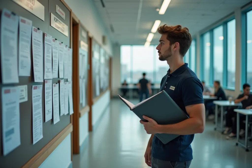 Étudiant en alternance consultant des offres de formation BTS dans le couloir d'un CFA