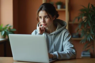 Jeune femme réfléchissant devant son ordinateur portable en cherchant une alternative respectueuse à Omegle