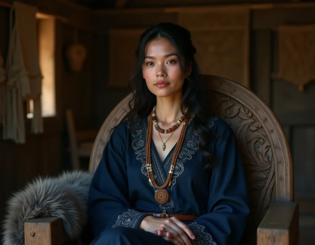 Femme viking aux cheveux noirs vêtue d'une robe brodée assise sur un trône en bois sculpté dans un longhouse viking, incarnant le personnage d'Aslaug