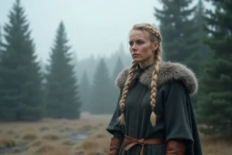 Femme viking nordique en tenue médiévale authentique dans une forêt scandinave brumeuse, évoquant le personnage de Lagertha de la série Vikings