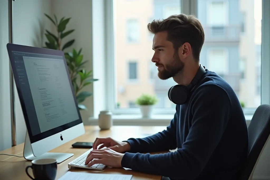 Jeune homme évaluant des plateformes de chat vidéo alternatives à Omegle sur son ordinateur de bureau