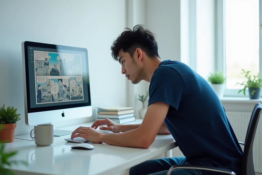Jeune homme lisant des mangas en ligne sur son ordinateur de bureau dans un bureau minimaliste