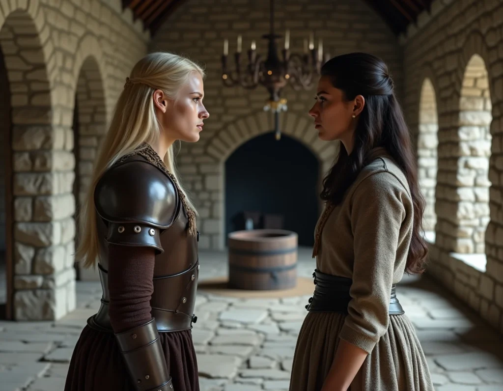 Deux femmes vikings en costumes d'époque se faisant face dans une grande salle médiévale, représentant la rivalité entre Lagertha et Aslaug pour Ragnar Lothbrok