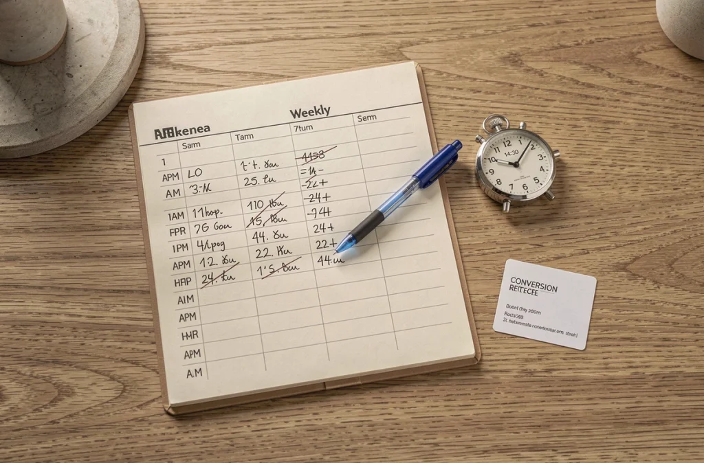 Agenda papier avec des horaires AM PM corrigés en format 24 heures, montre analogique et carte de conversion sur un bureau en bois