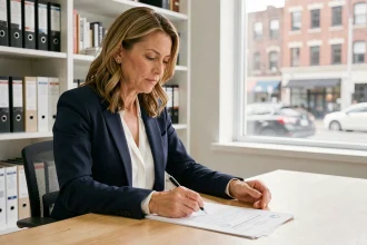 Une femme agent immobilier examine un contrat de vente dans un bureau de notaire moderne