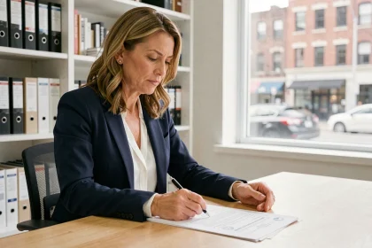 Une femme agent immobilier examine un contrat de vente dans un bureau de notaire moderne