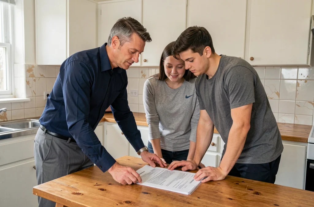 Agent immobilier et locataires en train de signer le document d'état des lieux dans la cuisine d'un appartement en location