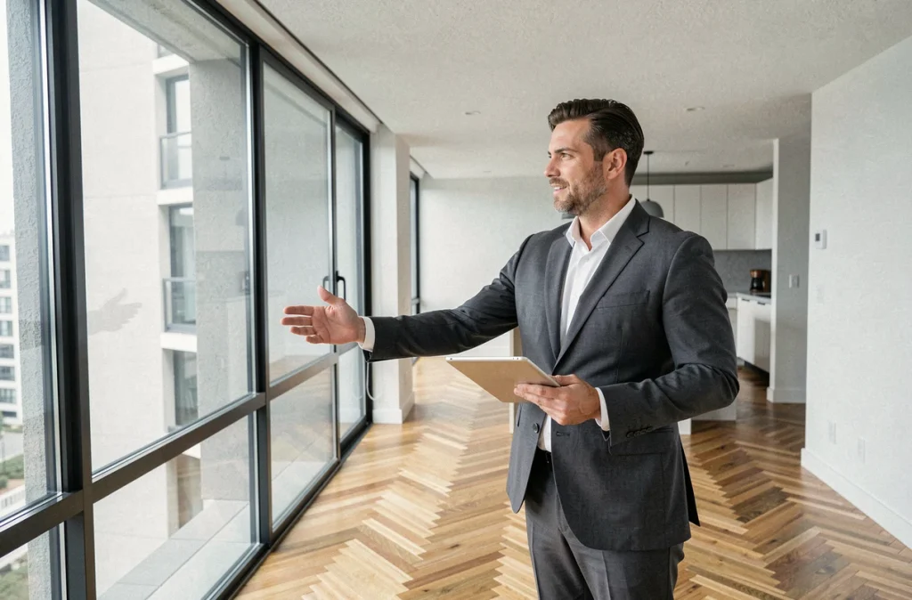 Un agent immobilier présente un appartement vide lors d'une visite en vue d'une première vente