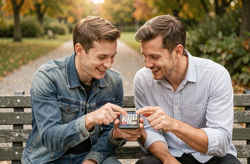 Deux amis jouant ensemble à un jeu de mots avec lettres sur smartphone dans un parc