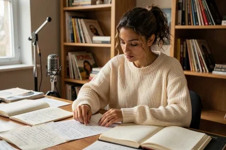 Jeune femme analysant des paroles de chanson manuscrites dans un studio créatif chaleureux, évoquant l'univers introspectif de Zaho et sa chanson La Symphonie des Éclairs