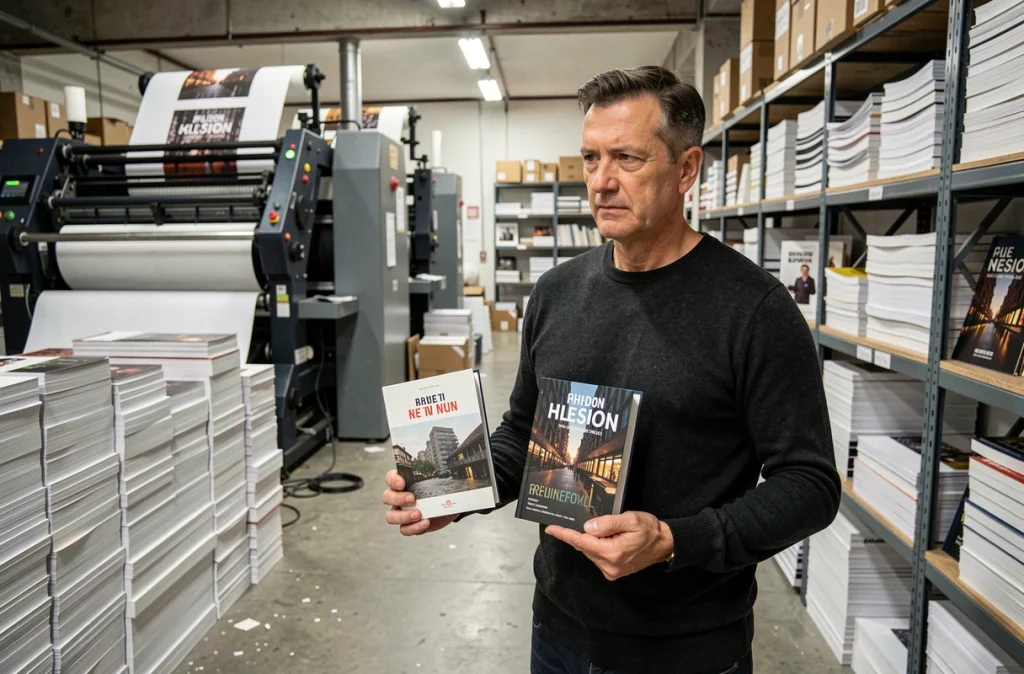 Auteur comparant deux formats de livres différents dans une imprimerie lors d'un projet d'autoédition