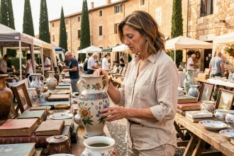 Femme examinant un vase ancien lors d'une brocante en plein air dans les Alpes-Maritimes