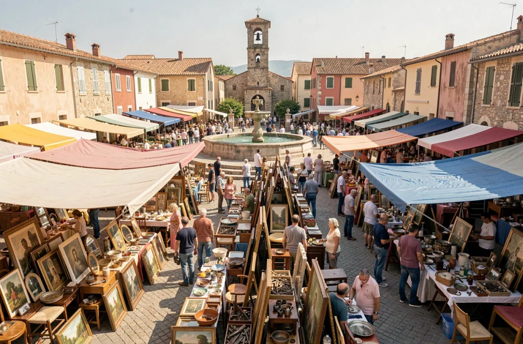 Vue panoramique d'une brocante animée sur une place de village dans les Alpes-Maritimes