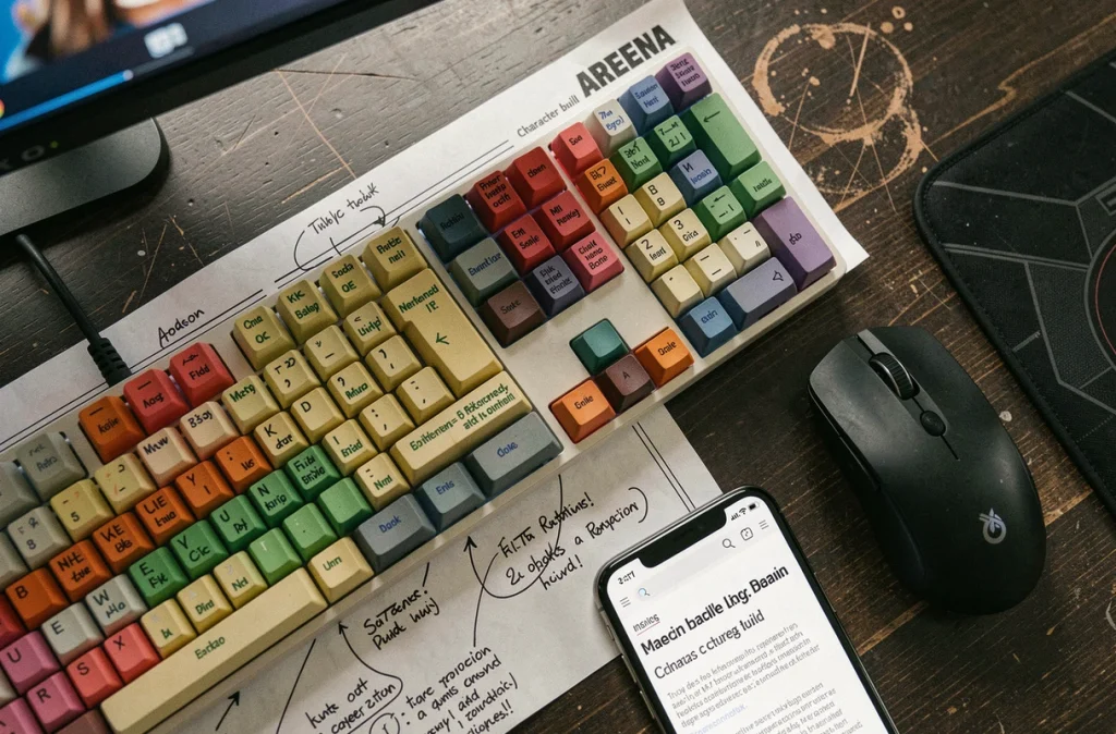 Vue aérienne d'un bureau gamer avec clavier macro, fiche de template d'arène annotée et souris gaming pour guide PvP