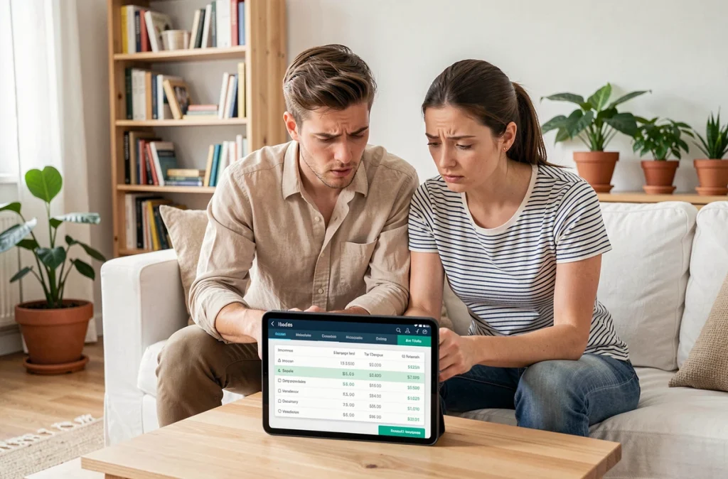 Couple examinant ensemble leur budget familial sur une tablette dans un salon moderne, dans le contexte du prélèvement à la source sur les revenus