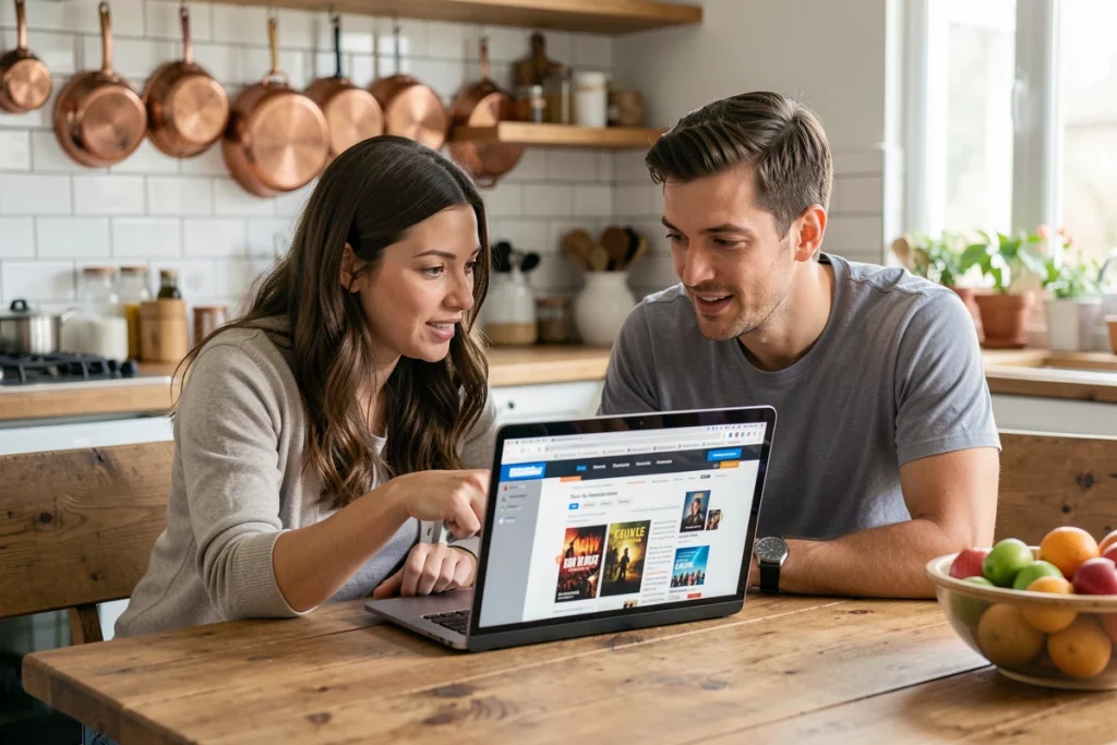 Couple choisissant ensemble un film du jour sur un site de recommandation cinéma depuis leur cuisine
