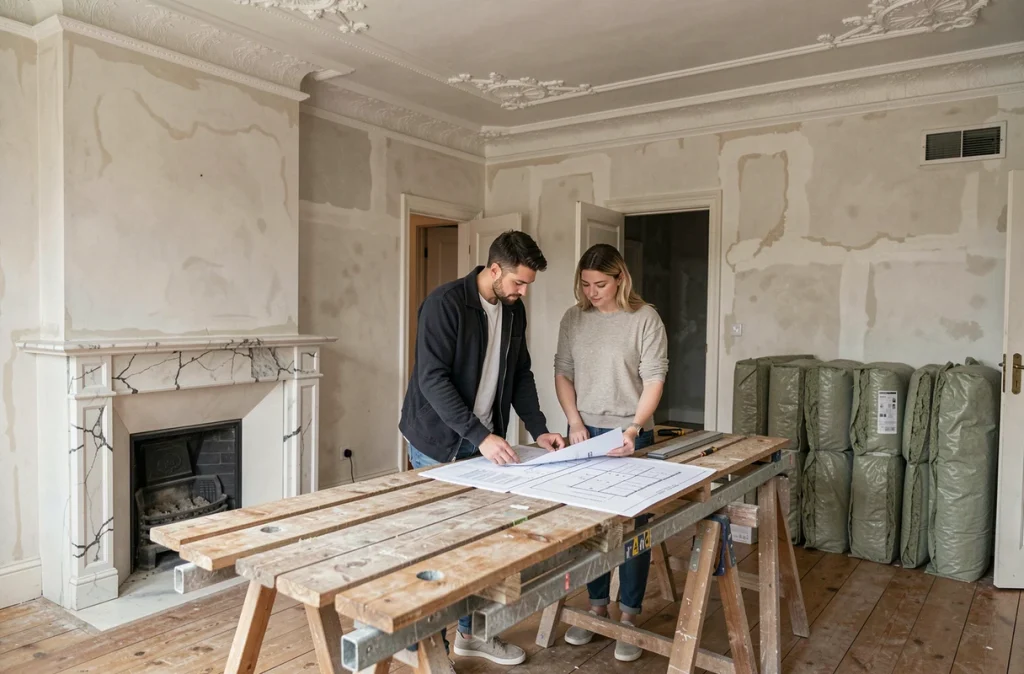Couple consultant des plans de rénovation dans un salon d'appartement ancien avec moulures et cheminée d'époque