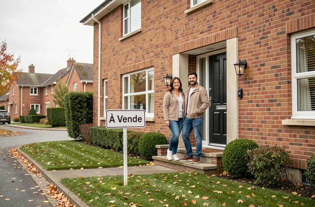 Un couple de propriétaires devant leur maison à vendre avec un panneau immobilier dans le jardin