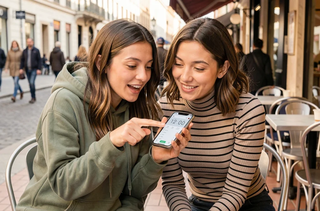 Deux femmes discutant devant un smartphone affichant une horloge numérique en terrasse de café, illustrant l'apprentissage des notions AM et PM