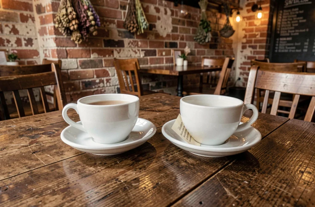 Deux tasses de café vides sur une table de café en bois, évoquant l'absence et la séparation de deux flammes jumelles