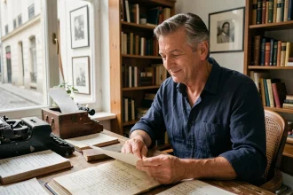 Écrivain français assis à son bureau dans un bureau parisien entouré de livres et de manuscrits, illustrant la carrière littéraire de Grégoire Delacourt