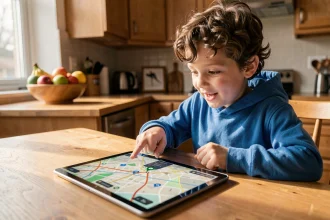 Enfant de 8 ans regardant une carte GPS sur une tablette dans une cuisine familiale, expression curieuse et enthousiaste
