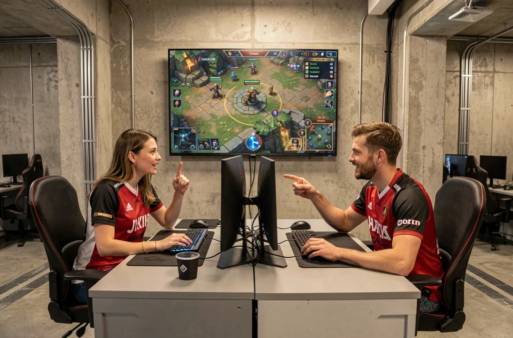 Deux joueurs discutant de stratégie PvP devant une carte d'arène sur écran mural dans une salle d'entraînement esport