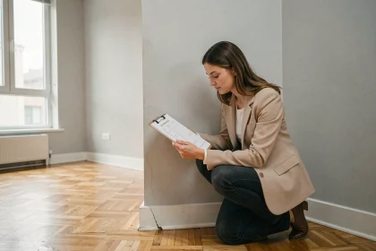 Locataire effectuant un état des lieux d'entrée dans un appartement vide en examinant les murs avec une liste de contrôle