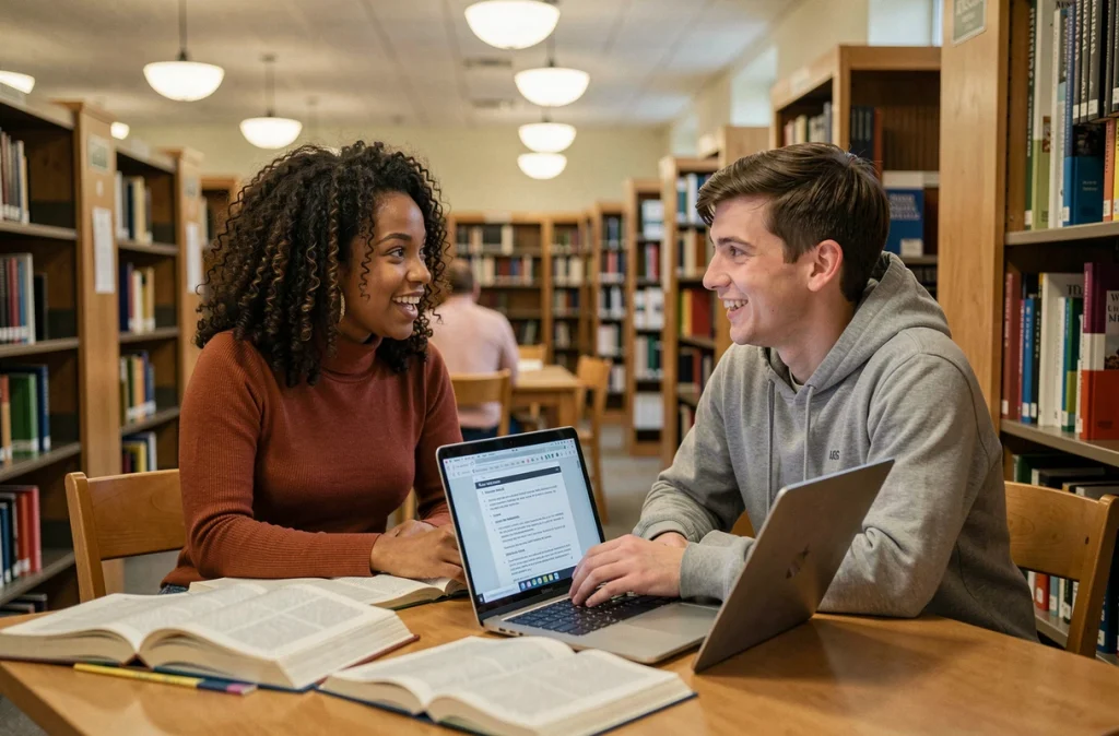 Deux étudiants analysant des figures de style dans des livres à la bibliothèque universitaire