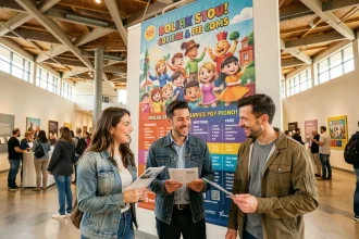 Visiteurs devant l'affiche de l'exposition Pixar dans un musée moderne en 2026