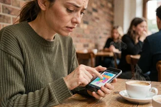 Femme utilisant une application de recherche de mots avec des lettres sur smartphone dans un café