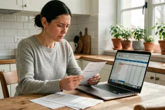 Femme consultant ses fiches de paie et son budget mensuel sur un ordinateur portable dans une cuisine moderne, illustrant la gestion du prélèvement à la source