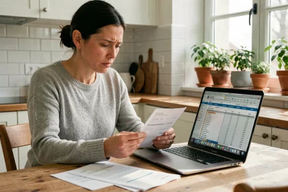 Femme consultant ses fiches de paie et son budget mensuel sur un ordinateur portable dans une cuisine moderne, illustrant la gestion du prélèvement à la source