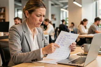 Femme de bureau confuse regardant un planning avec des horaires AM PM, cherchant à convertir en format 24h