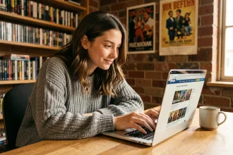 Jeune femme découvrant un site de recommandation de films quotidiens sur son ordinateur portable dans un bureau cosy