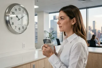 Femme tenant un café et regardant une horloge analogique dans un bureau moderne, illustrant la différence entre AM et PM