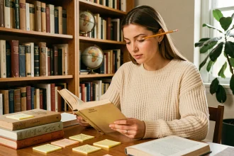 Jeune femme annotant un roman littéraire pour identifier des figures de style