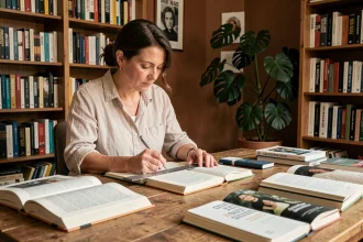 Femme mesurant des livres de formats différents sur un bureau en bois pour comprendre l'impact du format en autoédition