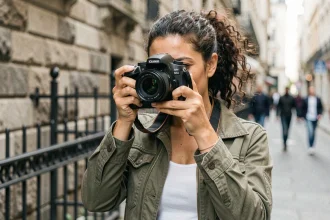Femme photographe professionnelle tenant un appareil photo reflex en pleine rue urbaine européenne, veste utilitaire verte, style éditorial naturel