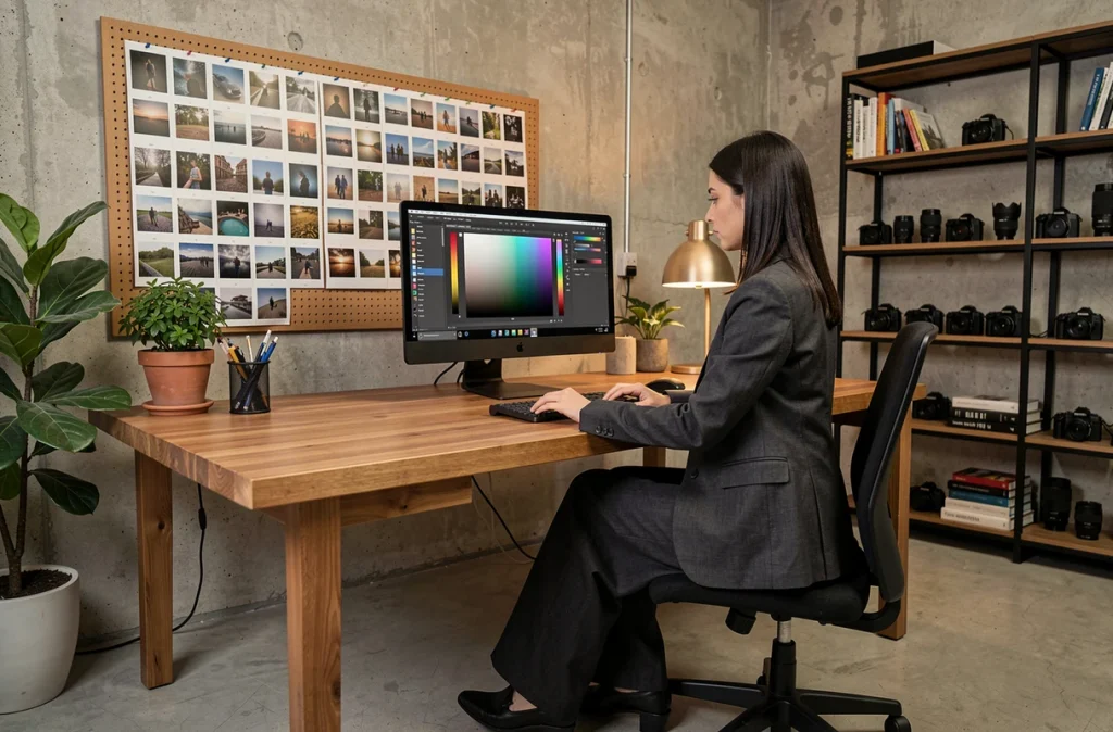 Photographe professionnelle assise à son bureau de retouche dans un studio moderne, révisant des photos sur écran, ambiance créative authentique