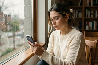 Femme seule regardant son téléphone affichant 1h11, assise près d'une fenêtre pluvieuse, illustration de la séparation de flamme jumelle